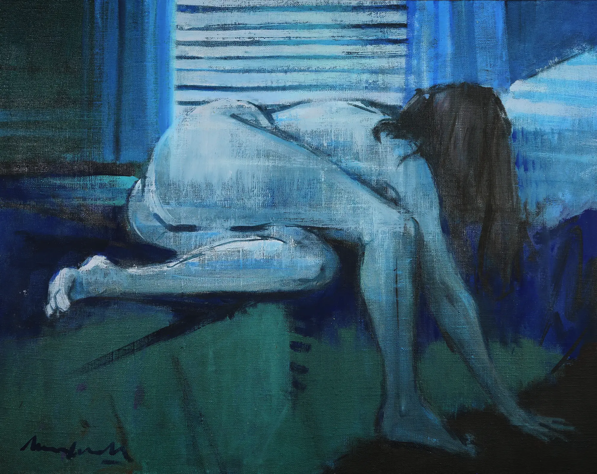 Nude with Blinds Blue Backgrounds Blues